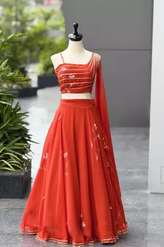 red georgette printed lehenga choli