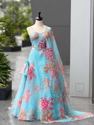 sky blue organza embroidered lehenga choli with free size upto 42 2