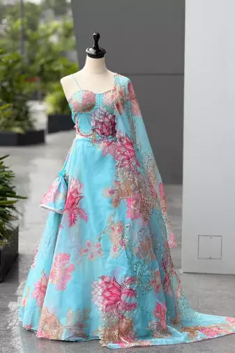 sky blue organza embroidered lehenga choli