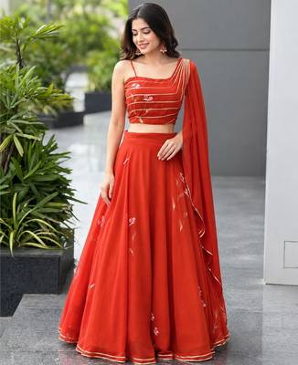 red georgette printed lehenga choli with free size upto 42 3