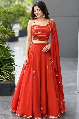 red georgette printed lehenga choli