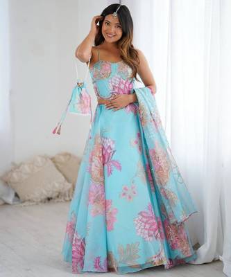 sky blue organza embroidered lehenga choli with free size upto 42 3