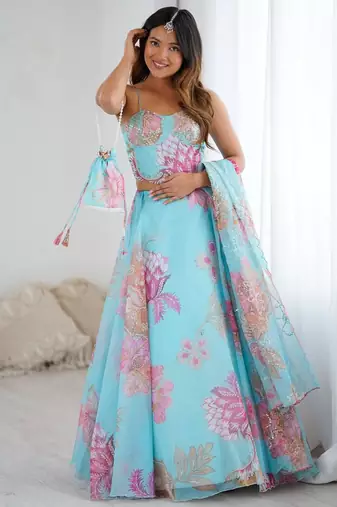 sky blue organza embroidered lehenga choli
