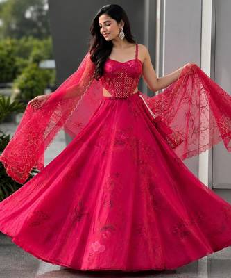 pink organza printed lehenga choli with free size upto 42 1