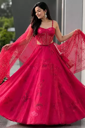 pink organza printed lehenga choli