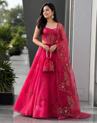 pink organza printed lehenga choli with free size upto 42 2