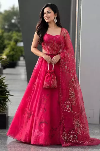 pink organza printed lehenga choli
