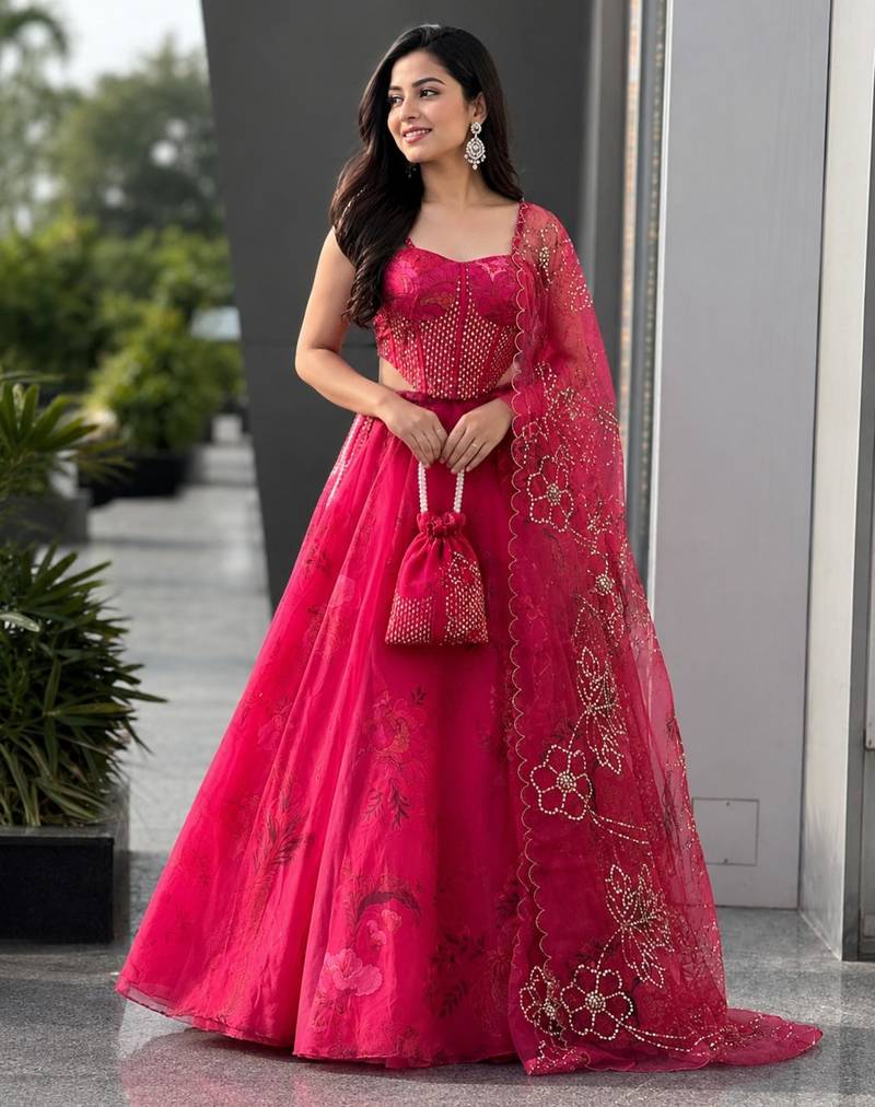 pink organza printed lehenga choli