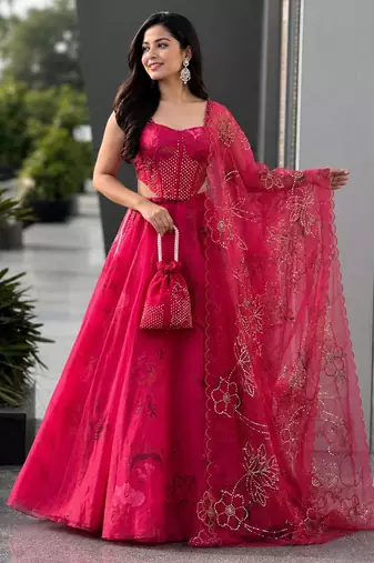 pink organza printed lehenga choli