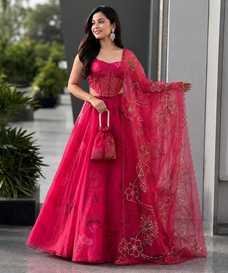 pink organza printed lehenga choli