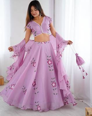 lavender silk blend printed lehenga choli with free size upto 42 2