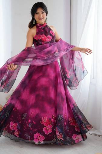 purple organza printed lehenga choli