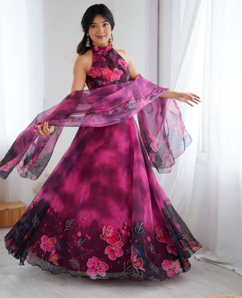 purple organza printed lehenga choli
