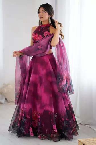 purple organza printed lehenga choli