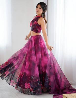 purple organza printed lehenga choli 3