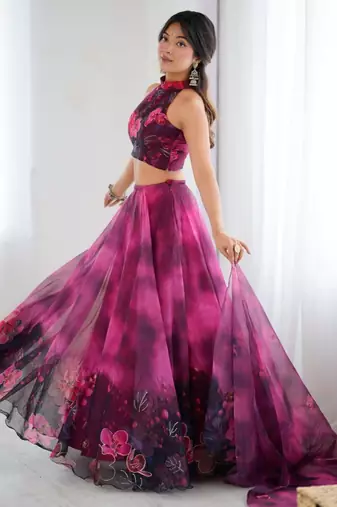 purple organza printed lehenga choli