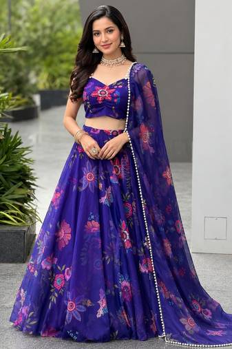 royal blue organza printed lehenga choli
