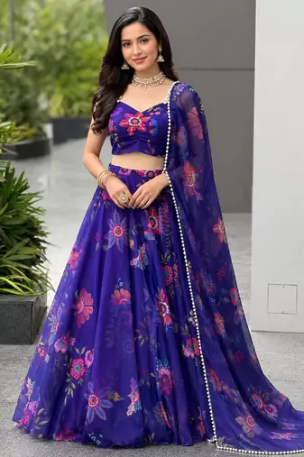 royal blue organza printed lehenga choli