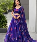 royal blue organza printed lehenga choli
