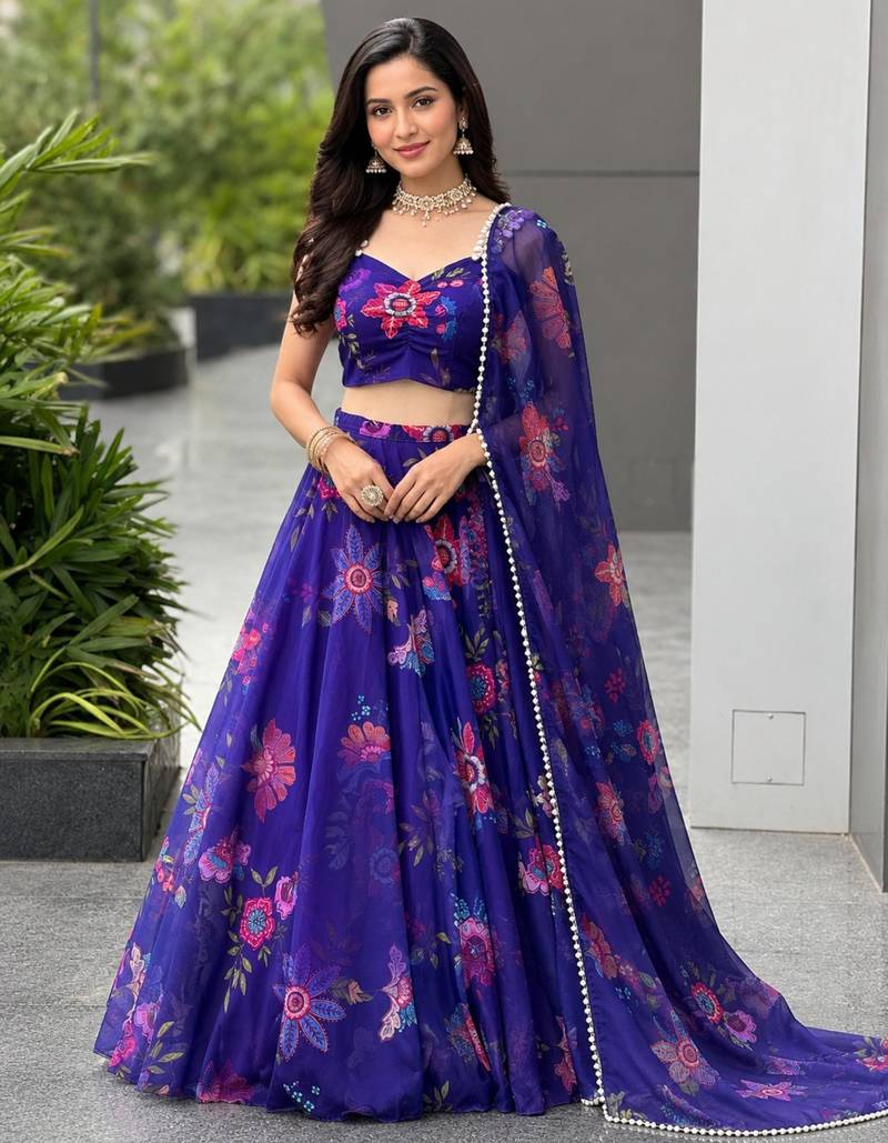 royal blue organza printed lehenga choli