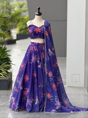 royal blue organza printed lehenga choli with free size upto 42 2