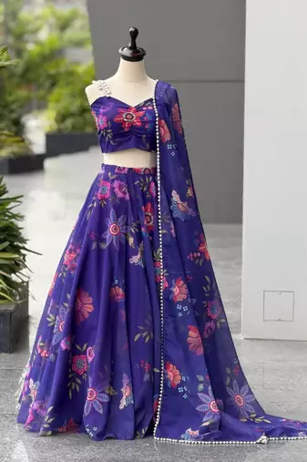 royal blue organza printed lehenga choli