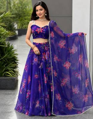 royal blue organza printed lehenga choli with free size upto 42 3