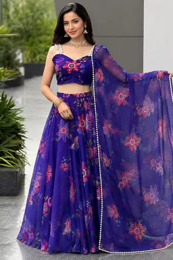 royal blue organza printed lehenga choli