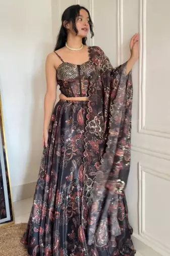 black organza printed lehenga choli