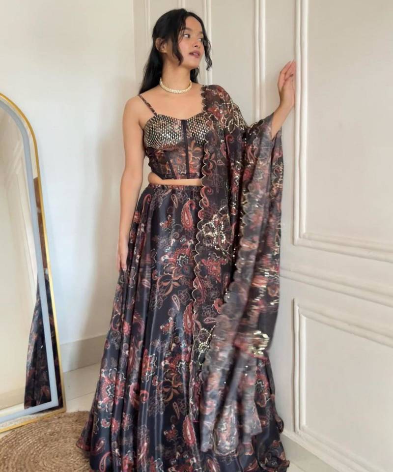 black organza printed lehenga choli