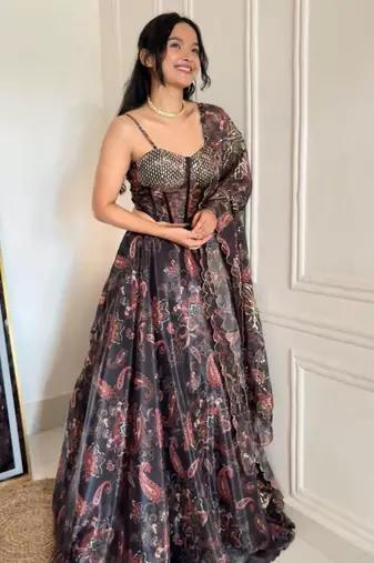 black organza printed lehenga choli