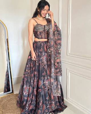 black organza printed lehenga choli with free size upto 42 3