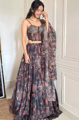 black organza printed lehenga choli