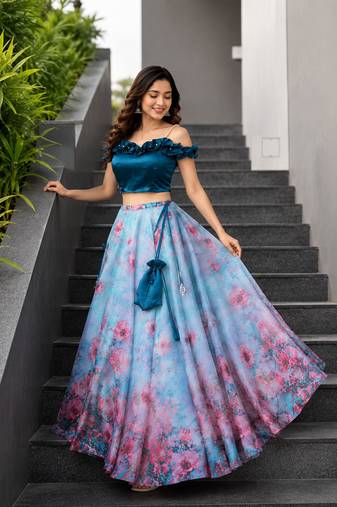 sky blue organza printed lehenga choli