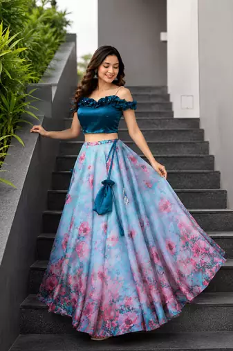 sky blue organza printed lehenga choli
