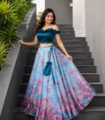 sky blue organza printed lehenga choli