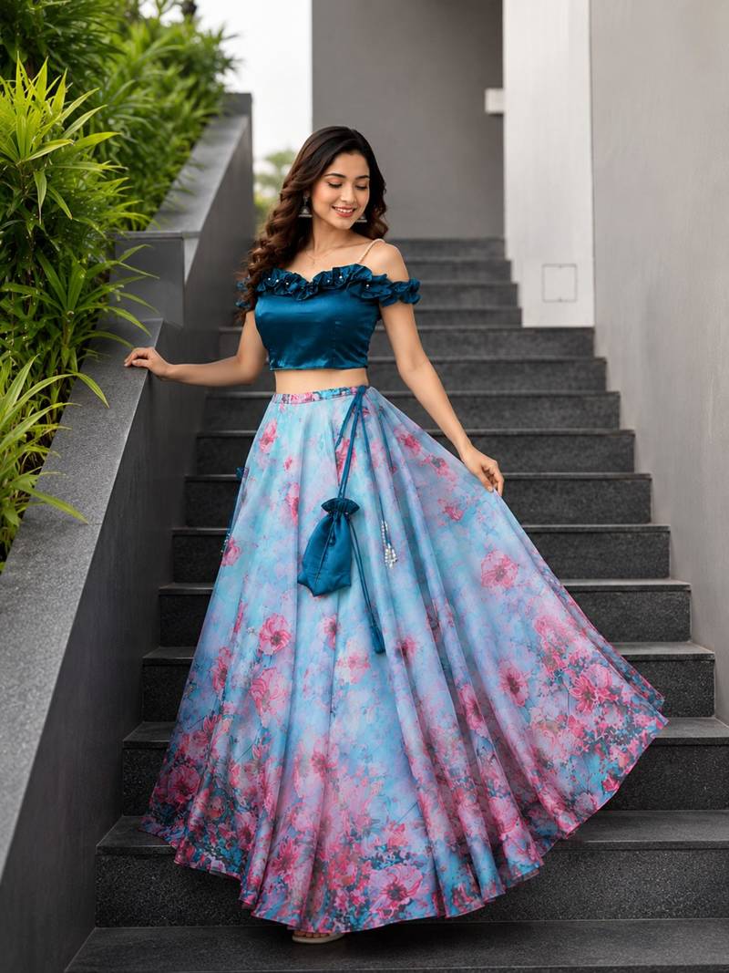 sky blue organza printed lehenga choli