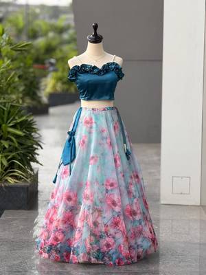 sky blue organza printed lehenga choli with free size upto 42 2