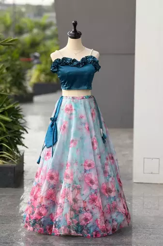 sky blue organza printed lehenga choli