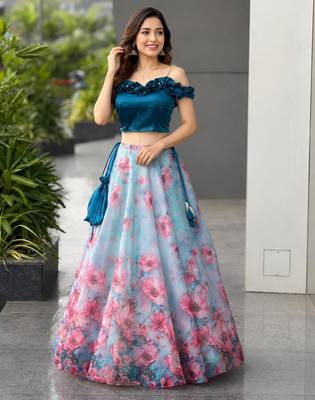 sky blue organza printed lehenga choli with free size upto 42 3