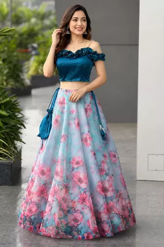 sky blue organza printed lehenga choli