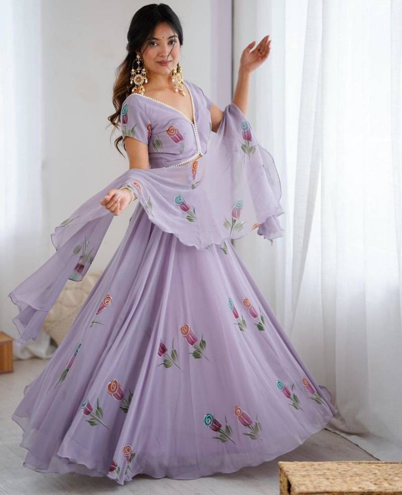 lavender georgette printed lehenga choli