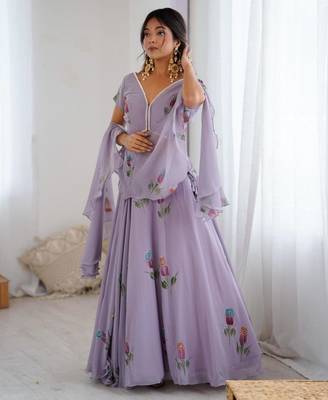 lavender georgette printed lehenga choli with free size upto 42 2