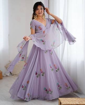 lavender georgette printed lehenga choli with free size upto 42 3