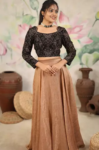 brown silk blend plain lehenga choli