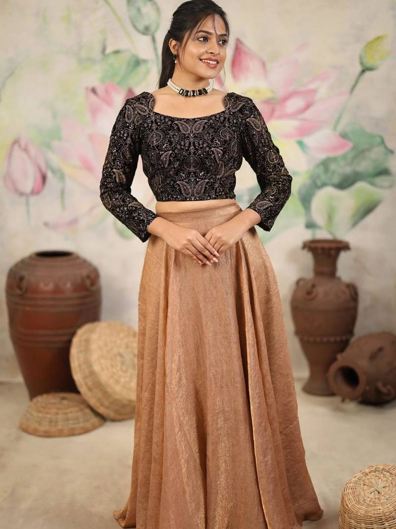 brown silk blend plain lehenga choli