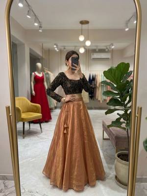 brown silk blend plain lehenga choli with free size upto 42 3