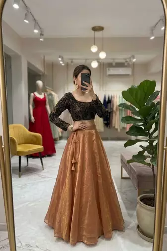 brown silk blend plain lehenga choli