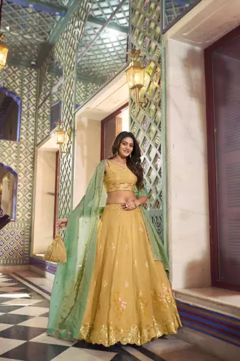 yellow silk blend embroidered lehenga choli