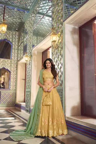 yellow silk blend embroidered lehenga choli